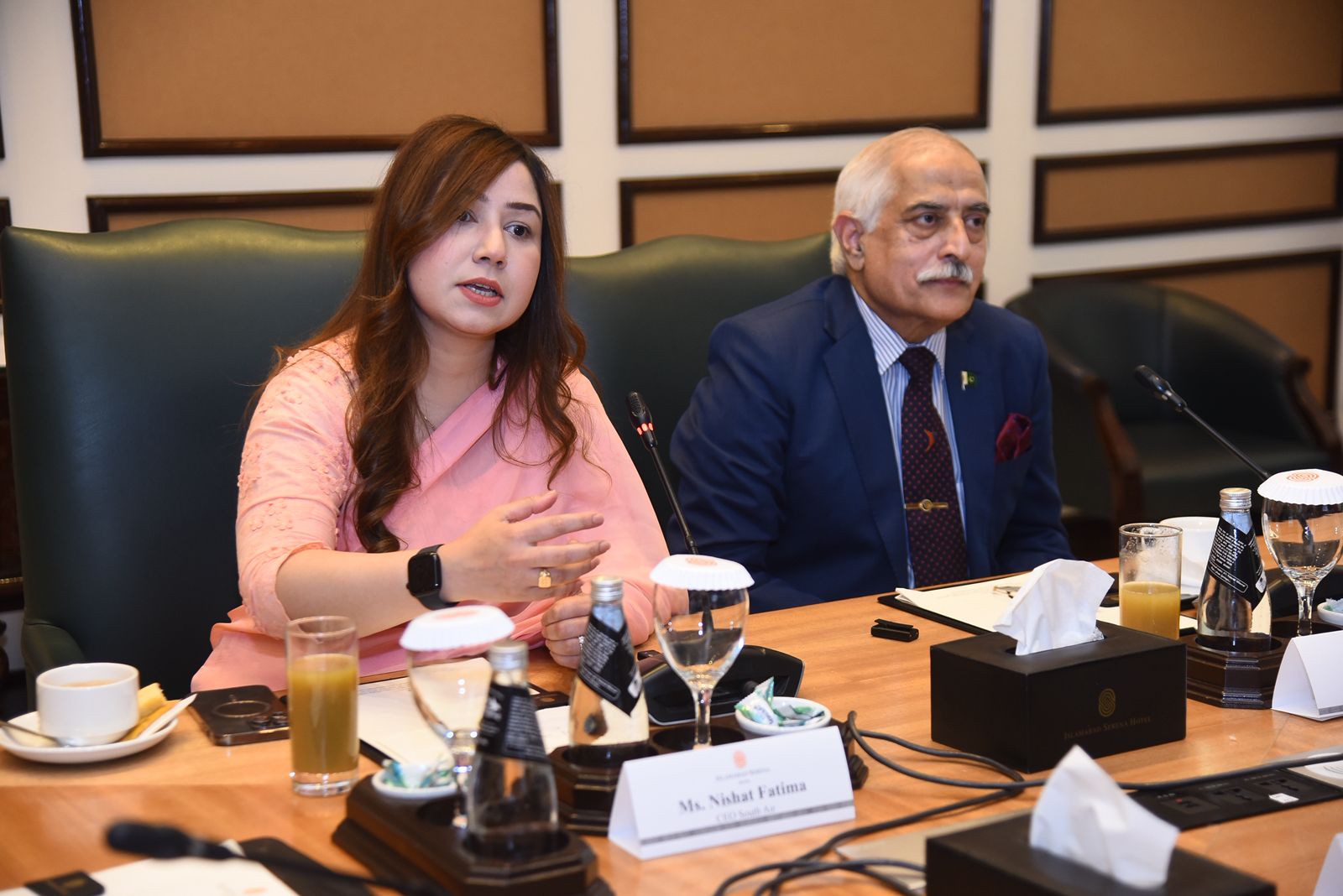 CEO South Nishat Fatima & Spokesmen Air Vice Marshal Arshad Mehmood Malik addressing press briefing